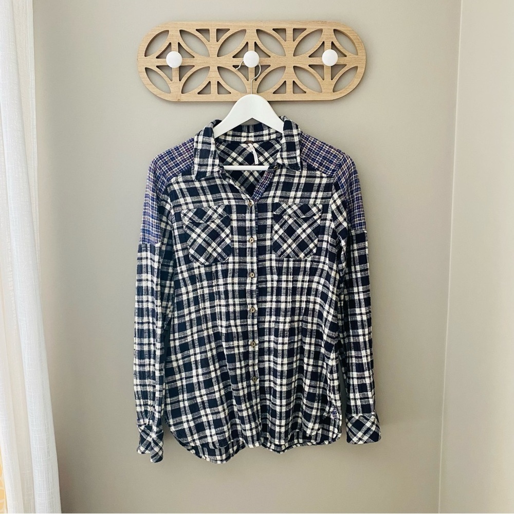 Free People Catch Up With Me Paid Button Up Top Blue Sz Small